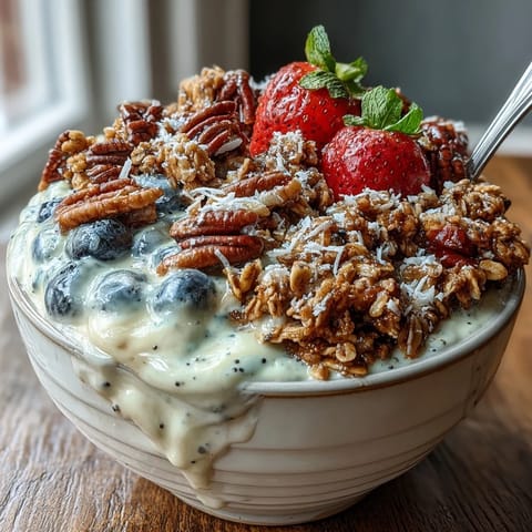 Creamy Skyr Protein Smoothie Bowl topped with colorful berries and crunchy granola.