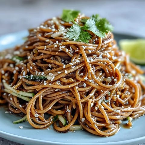 Refreshing cold soba noodle salad, tossed with fresh vegetables and zesty ginger dressing.