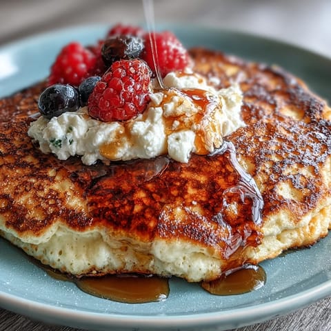 Golden Icelandic Skyr Pancakes, fluffy and stacked high with berries and syrup.