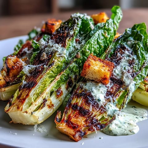 Smoky Grilled Caesar Salad featuring charred romaine hearts, creamy dressing, and crunchy croutons.