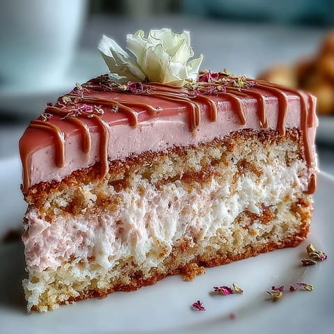 A slice of Bridal Shower Rosé Velvet Cake showing fluffy pink crumb.