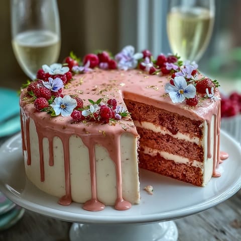 Bridal Shower Rosé Velvet Cake: delicate pink layers with shimmering gold drip.