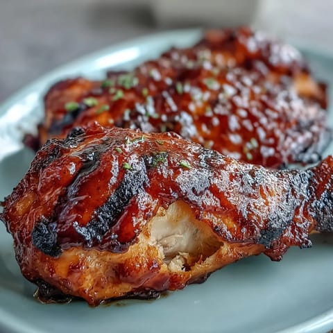 Delicious BBQ chicken drumsticks coated in a sticky, vibrant peach glaze for grilling.