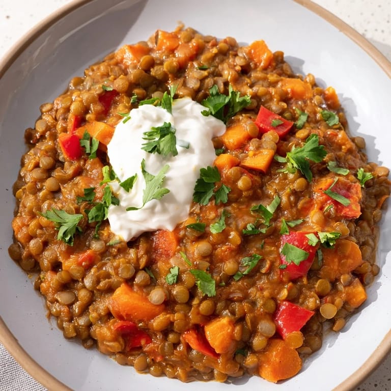 Close-up of hearty Wheat-Warm Hearty Lentil Curry, with vibrant veggies, ready to enjoy.