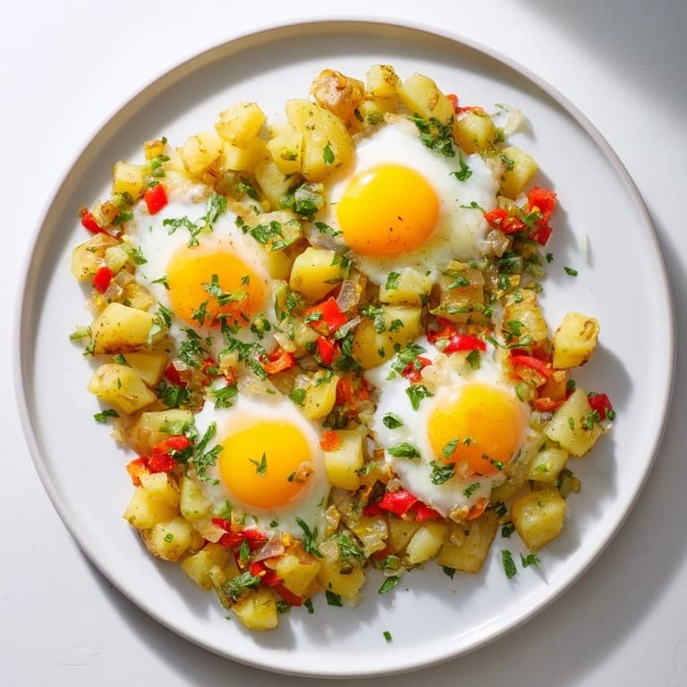 Savory Simple Skillet Egg and Potato Hash with bright bell peppers, ready to be scooped up and enjoyed.