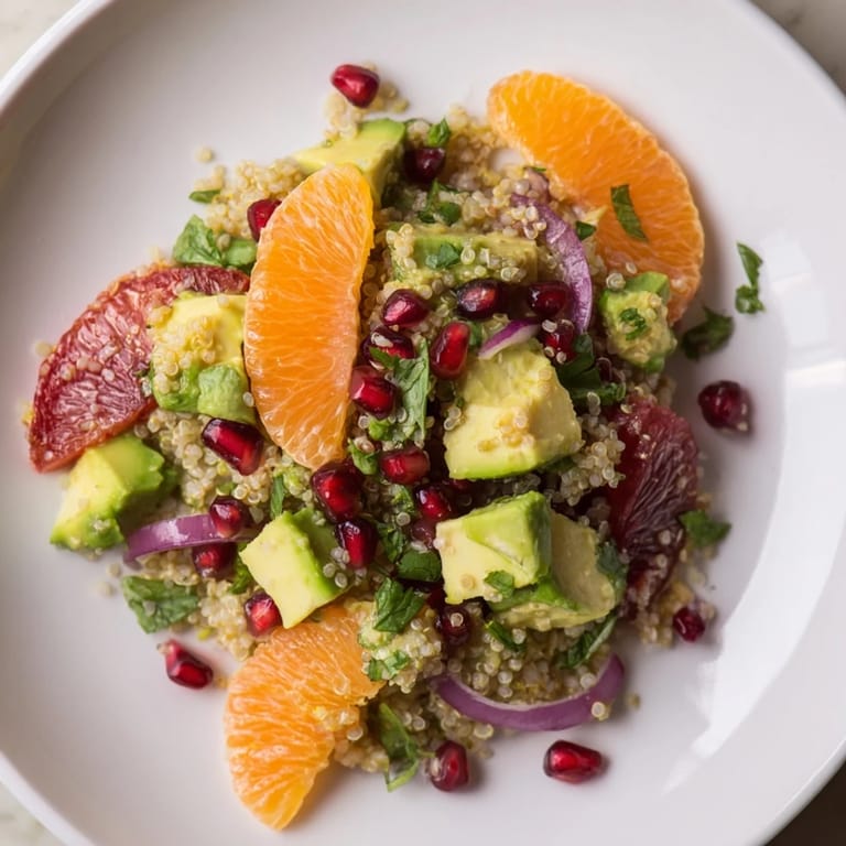 This colorful Fresh Citrus & Avocado Quinoa Bowl features segments of citrus and avocado with a zesty dressing.