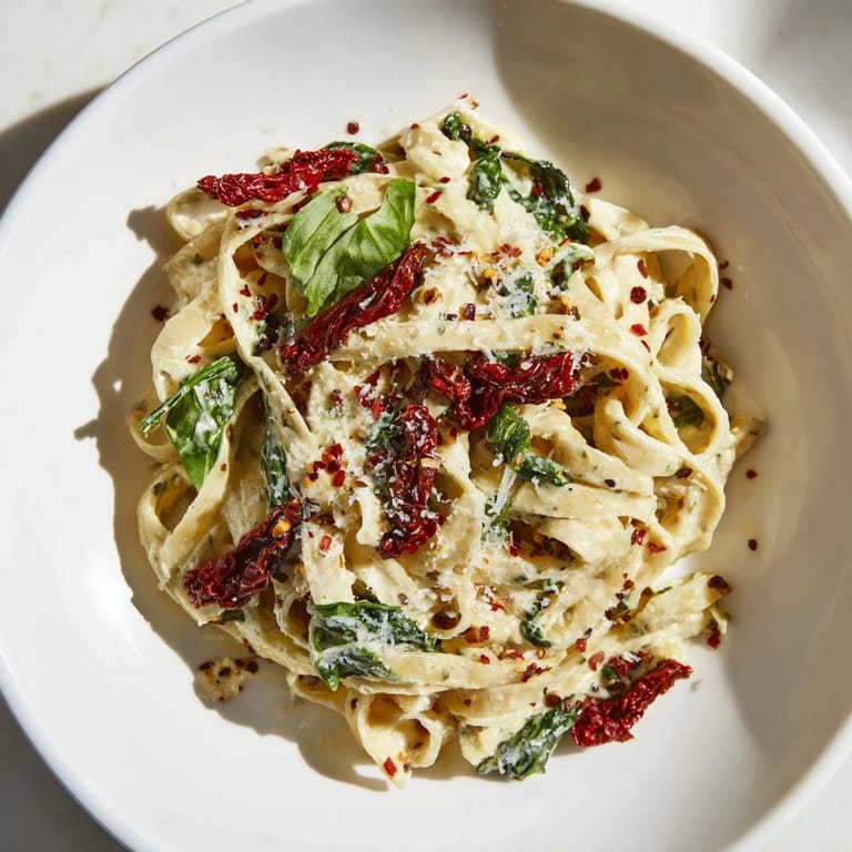 One-Pot Creamy Tuscan Garlic Herb Pasta, showcasing tender pasta mingling with sun-dried tomatoes and spinach.