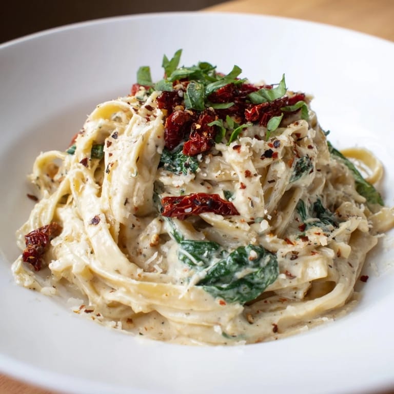 This One-Pot Creamy Tuscan Garlic Herb Pasta has a rich, creamy sauce and fresh herb garnish for serving.