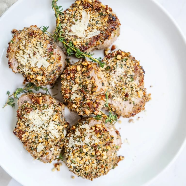 Close-up of a tender, juicy slice of Thyme and Pecan Crusted Pork Tenderloin, with crusty edges.