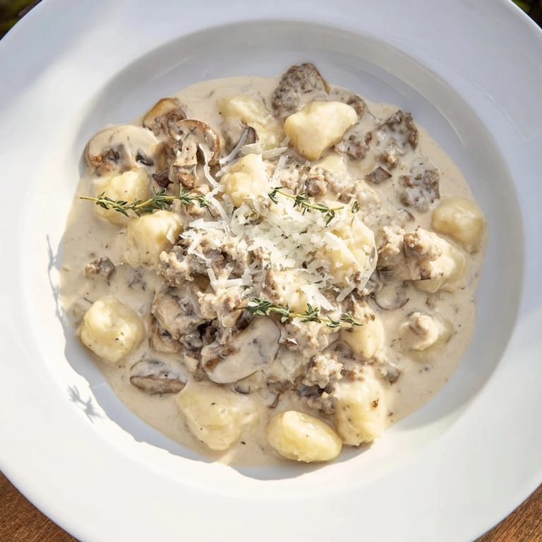 A sizzling skillet showcasing hearty Woodsy Skillet Sausage and Mushroom Gnocchi with creamy sauce and spinach.