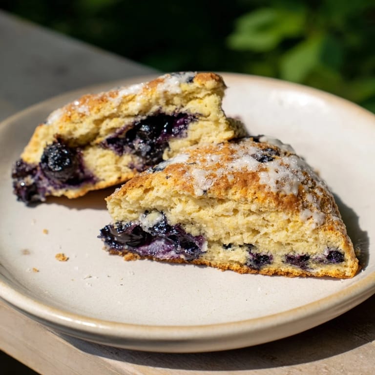 A close-up of flaky Rustic Birch-Warm Blueberry Scones, studded with bursting blueberries, perfect for brunch.