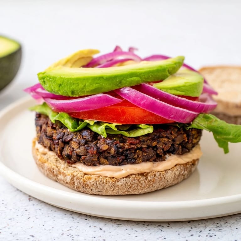 A close-up of a flavorful black bean burger, featuring a stack of fresh, vibrant ingredients.
