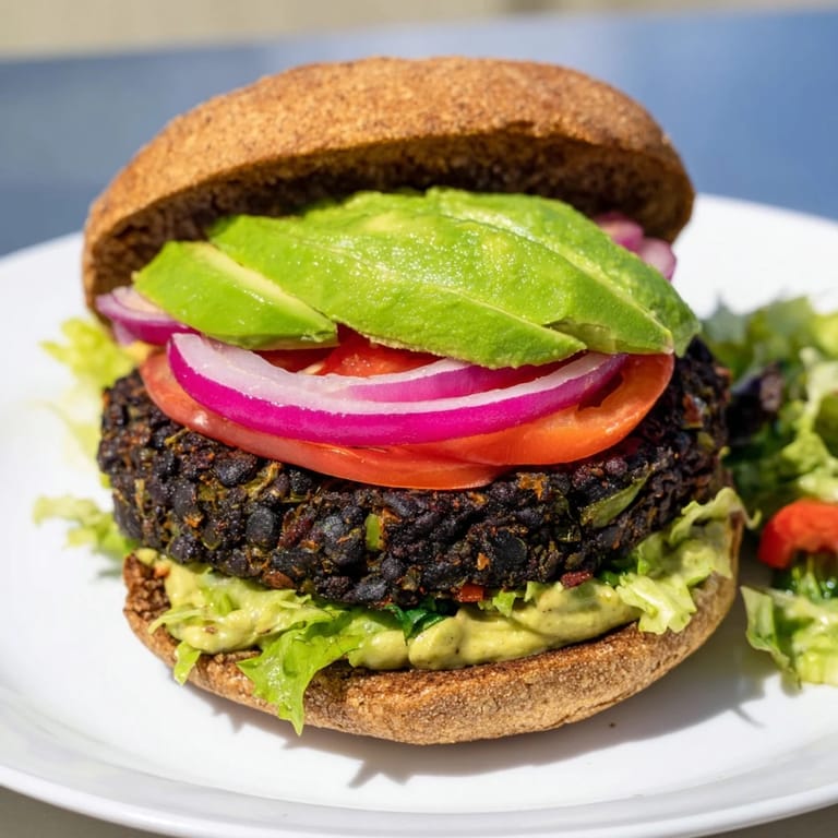 Enjoy a delicious vegetarian meal: Zesty black bean burgers with avocado, ready in 30 minutes.