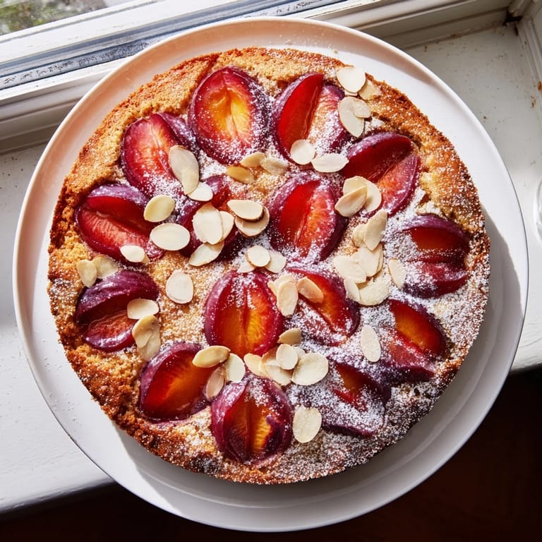 A moist, freshly baked soft sweet plum-infused almond cake, with visible plum slices and a crumbly top.