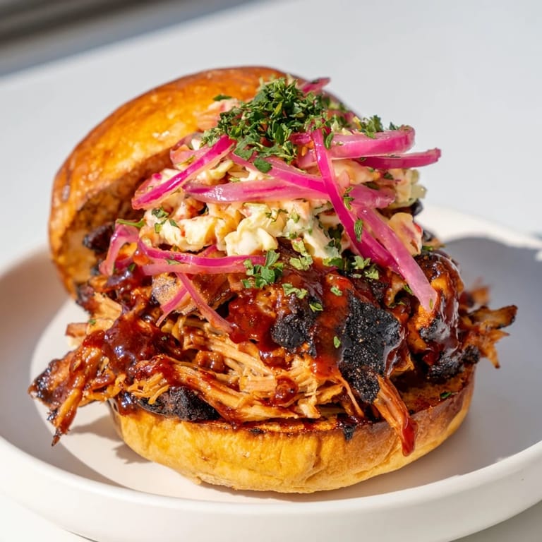 Close-up of a delectable fire-kissed BBQ pulled pork sandwich, showcasing tender meat and crispy edges.