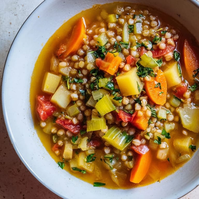 Freshly garnished Simple Homemade Grain and Vegetable Soup, inviting aroma, perfect for a cozy dinner.