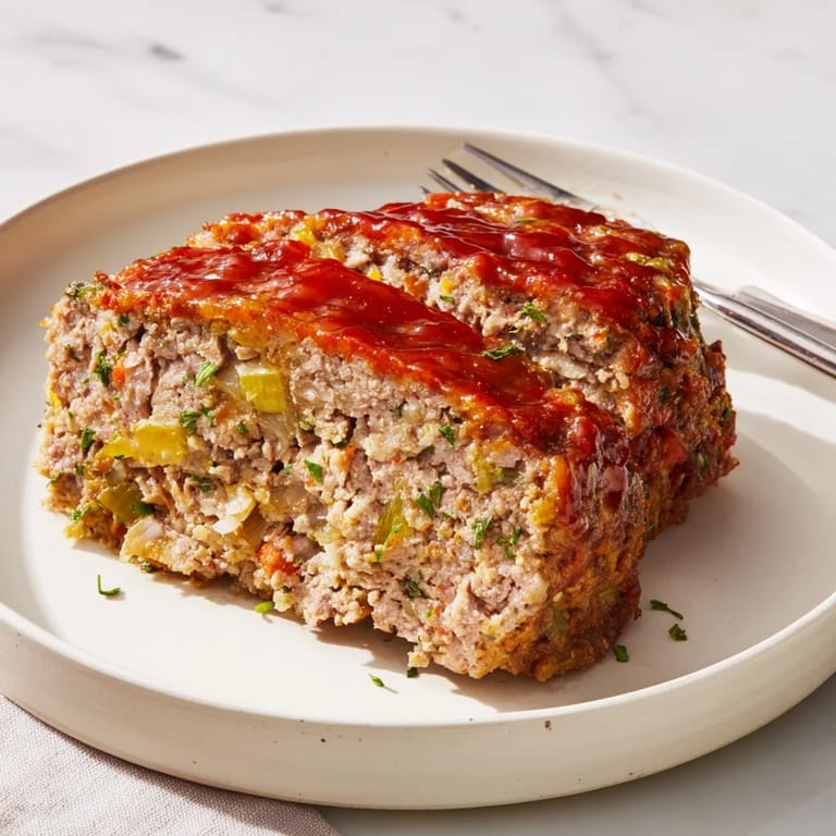 A juicy, freshly baked Everyday Herb-Sprigged Turkey Meatloaf with visible chopped herbs and a delicious aroma.