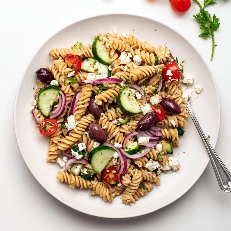 Cooling, chilled Mediterranean Olive Oil and Feta Pasta Salad, bursting with tangy feta and olives.