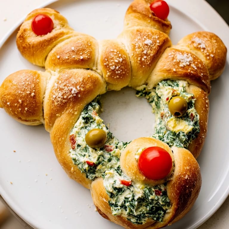 Homemade Reindeer Antler Spinach Dip Ring: a savory appetizer with tender bread and a cheesy dip.