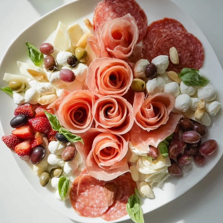 A close-up of a shareable Prosciutto Rose Bouquet Board with fresh strawberries and delicious, gluten-free crackers.
