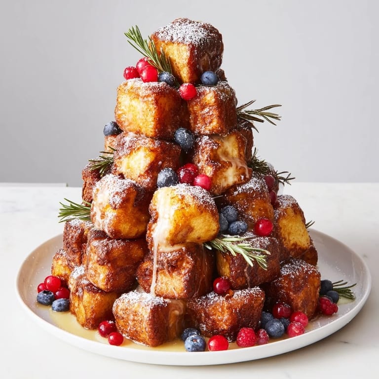 Sweet smells emanate from this holiday Eggnog French Toast Bites tree, piled high with fresh berries.