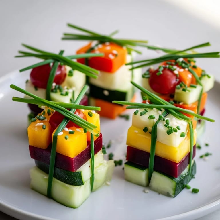 Eye-catching presentation of Stacked Gift Box Veggie Cubes, a delightful vegetarian snack, perfect for parties.