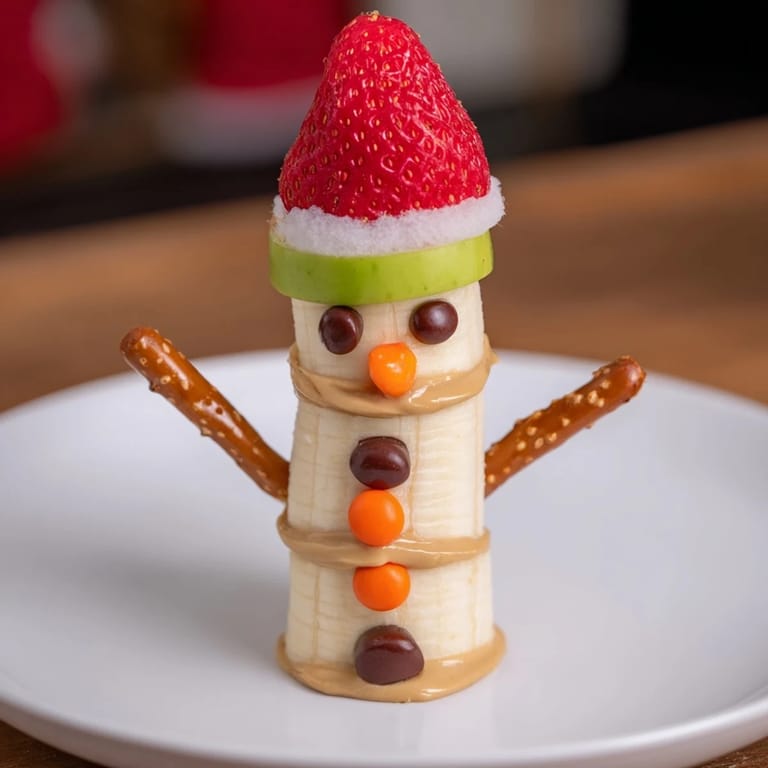 Adorable Banana Peanut Butter Snowmen are arranged on a plate, featuring peanut butter and fruit "clothing".