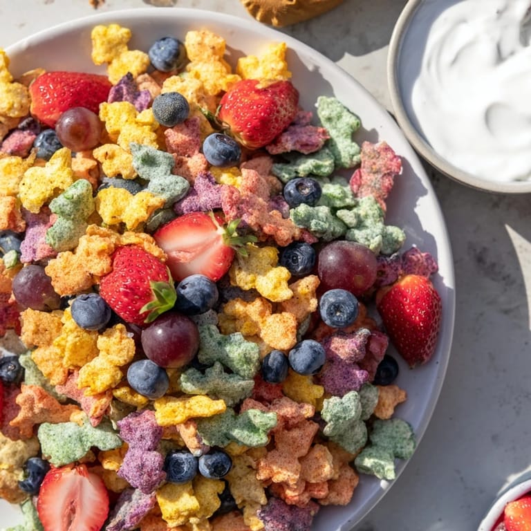 A delightful snack pile of Rainbow Goldfish crackers, artfully arranged with fruit and cool yogurt.