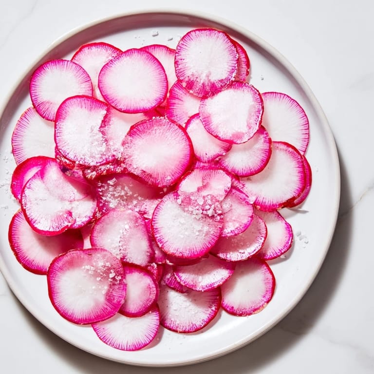Flaky sea salt sparkling on perfectly sliced radishes; a refreshing visual delight.