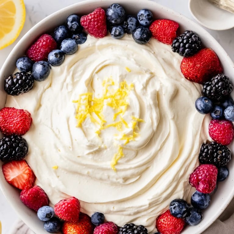 A close-up view of the dreamy fluffy cream cheese fruit dip beside colorful, juicy berries.