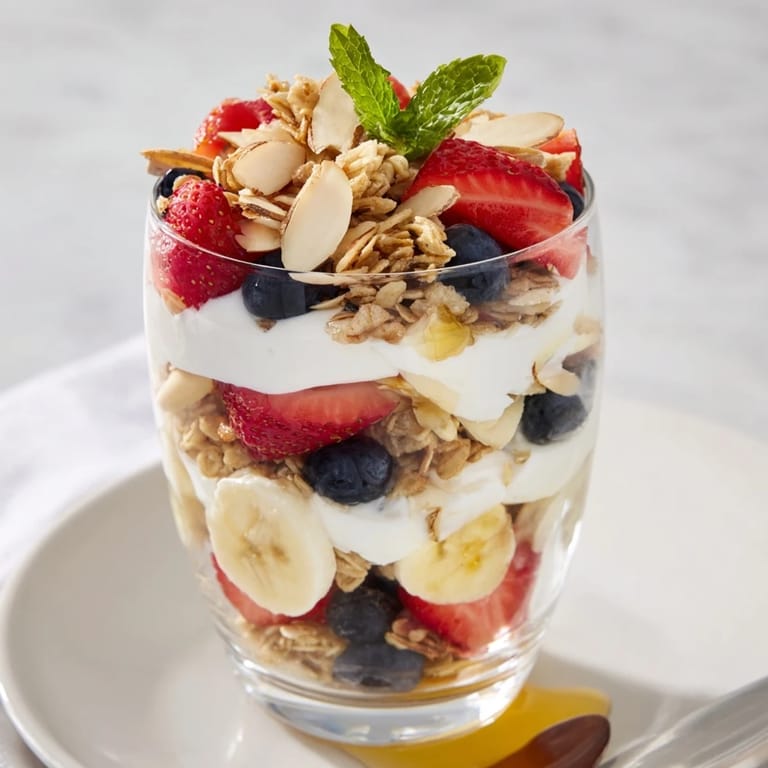 A colorful Yogurt and Granola Parfait Glass, showcasing layers of yogurt, fruit, and nutty granola.