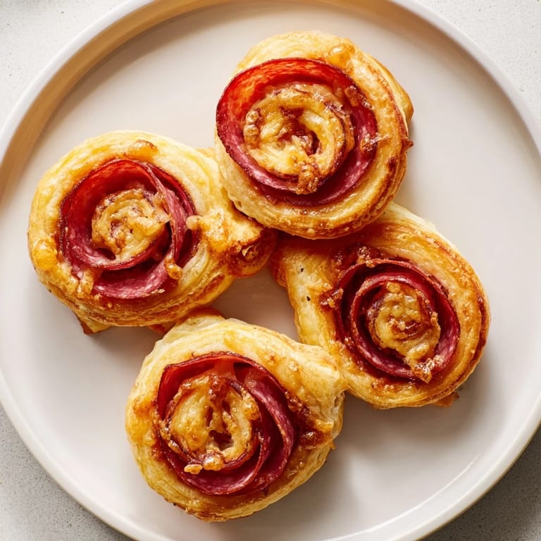 Crispy, baked Sliced Cheddar and Salami Scrolls on a tray, ready to eat as an appetizer.
