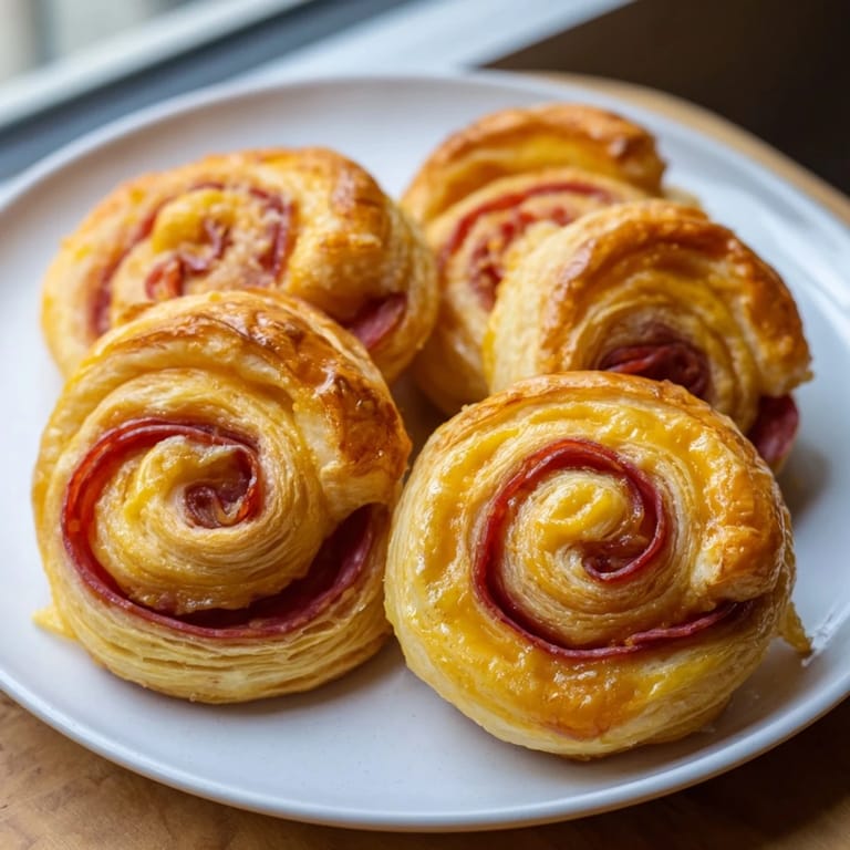 Close-up of freshly baked Sliced Cheddar and Salami Scrolls, showing cheesy, salami layers.