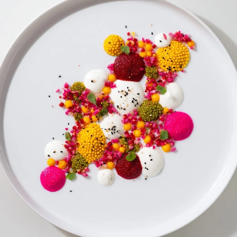 Close-up of a plated The Pointillism Dot Matrix, displaying a rainbow of veggie dots and fresh microgreens for a stunning visual effect.