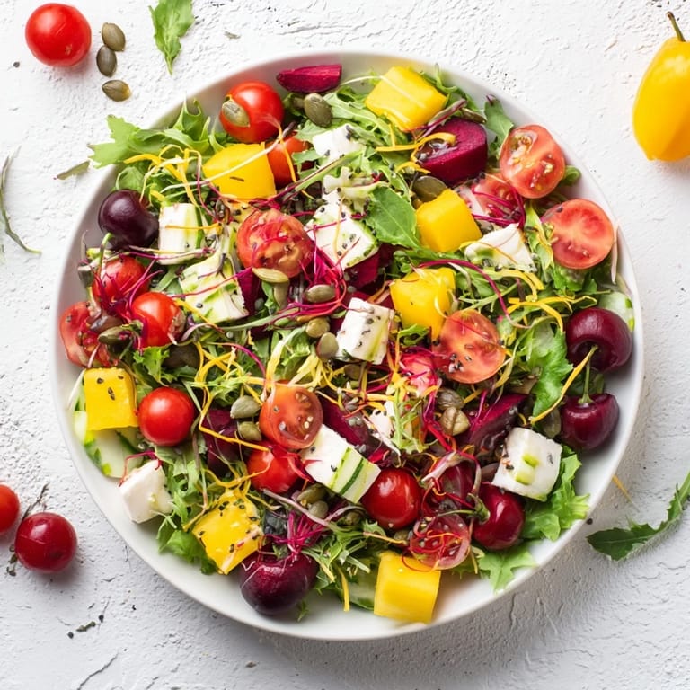 A visually exciting Abstract Expressionist Splash salad bursts with fresh vegetables, fruits, and a zesty drizzle.