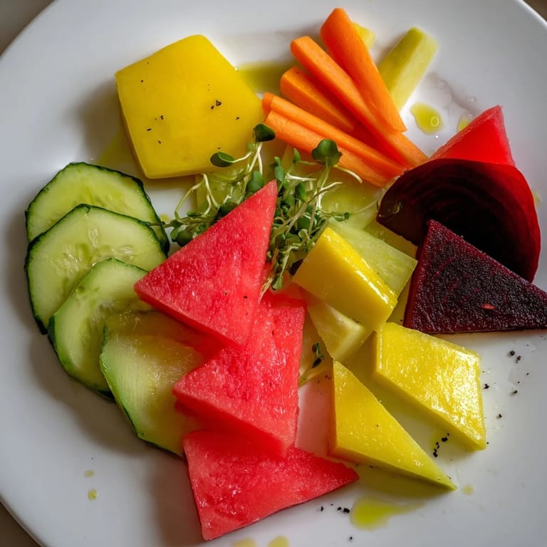 The Cubist Deconstruction: A flavorful vegetarian appetizer featuring artfully arranged fruits, cheeses, and vegetables.