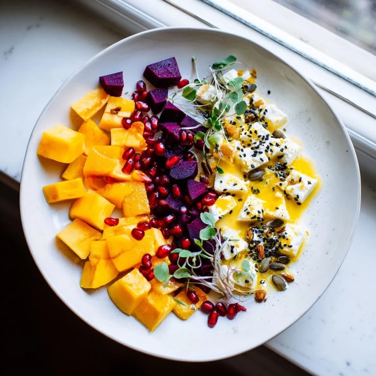 A close-up of The Kinetic Motion Blur displays creamy goat cheese and vibrant microgreens in an artistic pattern.