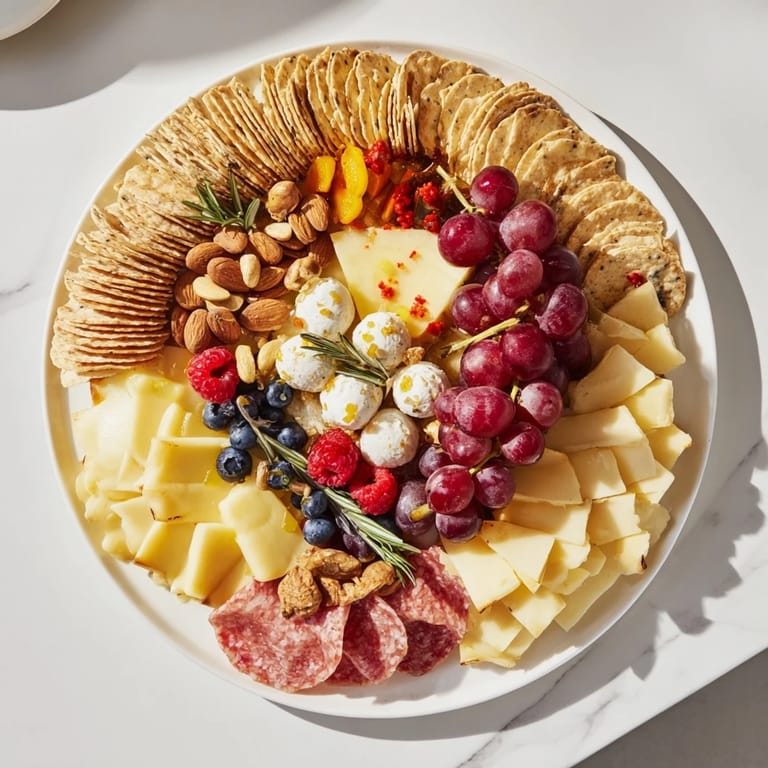 A close-up of The Ouroboros Circle: a vivid circular appetizer with cheeses, fruits, and crackers.