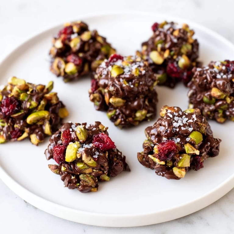 Close-up of decadent Pistachio and Dried Cranberry Clusters, glistening with melted dark chocolate ready to enjoy.