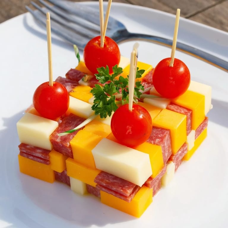 This delicious, artistic Checkerboard Chalet appetizer showcases a delectable arrangement of cheese and meats.