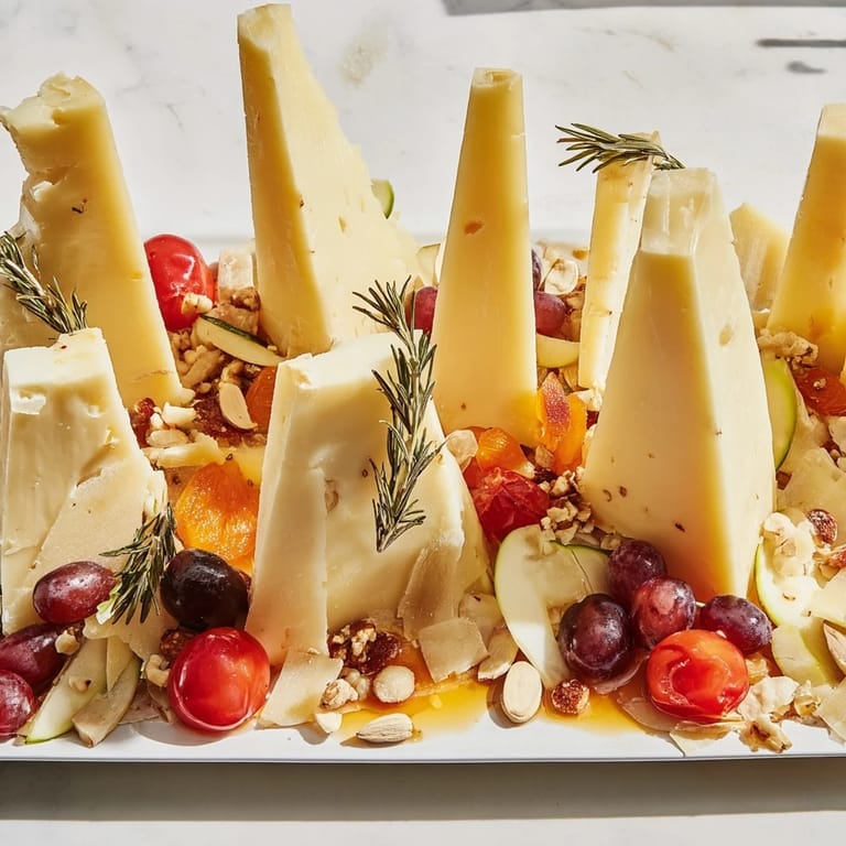 This artistic Sculptural Cheese Landscape features dramatic cheese wedges, fruit, nuts, and honey drizzling.