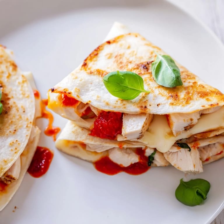 Folded tortilla pizza wrap, a quick and easy lunch with flavorful chicken and melted cheese, ready to eat.
