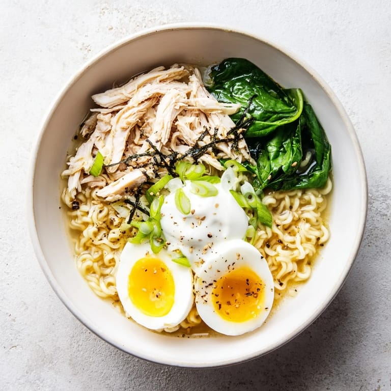 Savory Chicken Ramen with Kewpie Mayo, complete with tender chicken, spinach, and a swirl of creamy mayo.