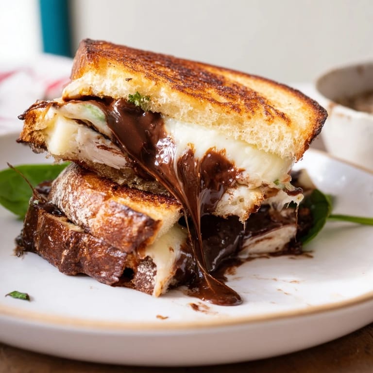 Mouthwatering close-up of a Nutella Grilled Cheese with Chicken, oozing melted cheese and chocolatey goodness.