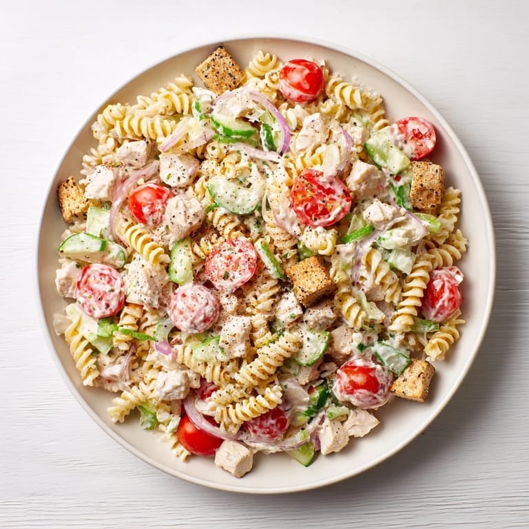 Imagine chilled Everything Bagel Chicken Pasta Salad: pasta, chicken, and veggies bursting with flavor.