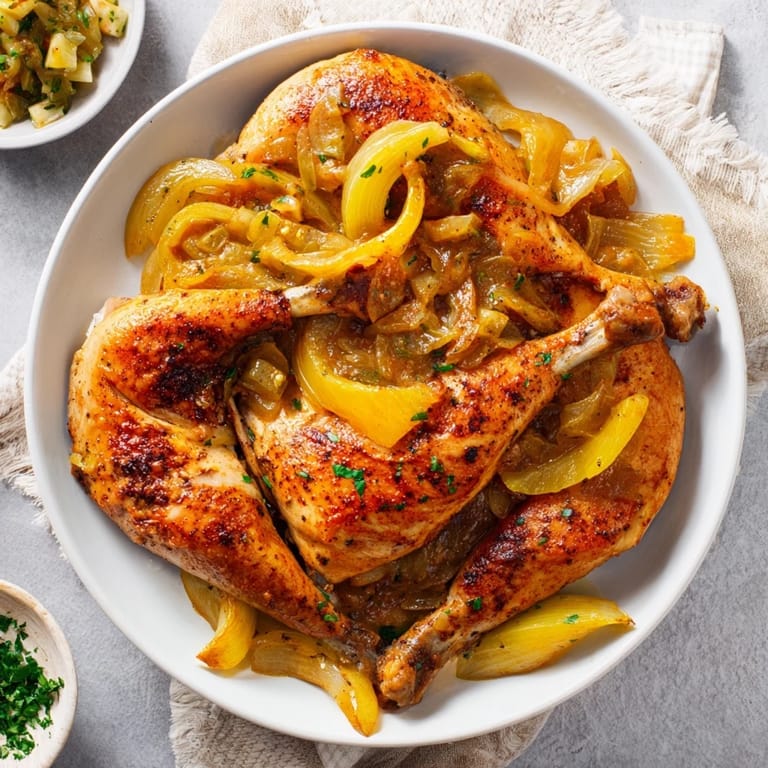 Close up of glazed Georgia Pot Roast Chicken with glistening onions in a savory, rich broth.