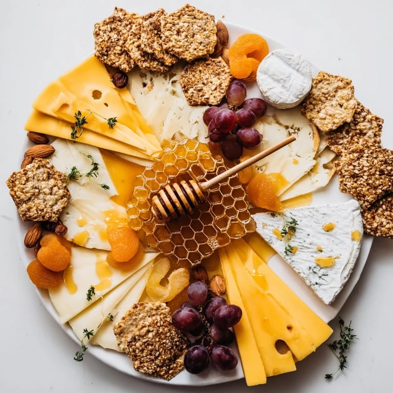 This overhead shot showcases the "Gilded Hive" appetizer, with vibrant cheeses, crackers, and honeycomb.
