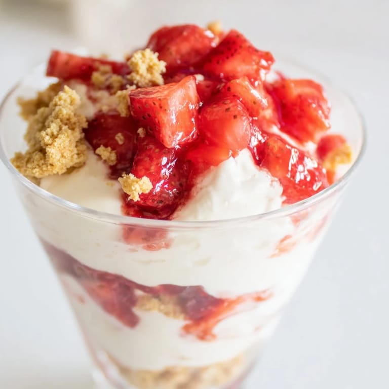 Individual dessert cups filled with a beautiful Strawberry Cheesecake Parfait, perfect for a summer treat.