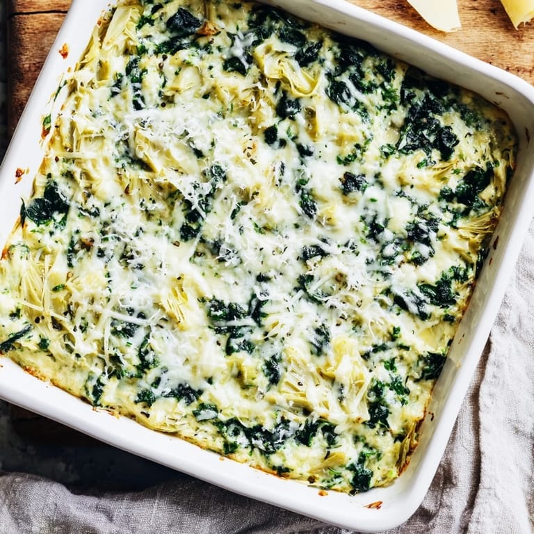 Close up shot of creamy Cheesy Spinach Artichoke Dip, perfectly golden with a rich texture.