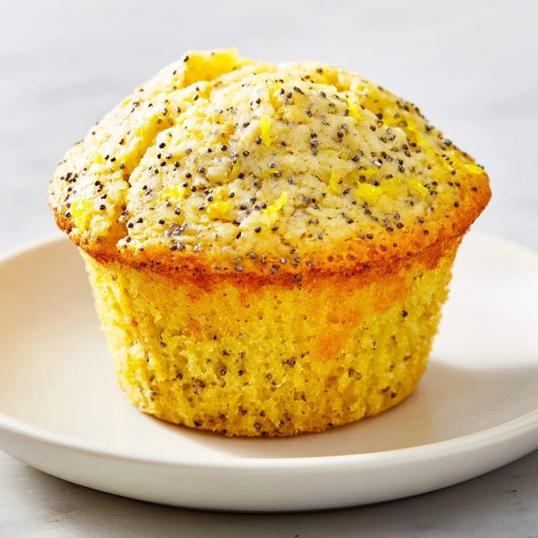 Close-up of bright, moist Lemon Poppy Seed Muffins, showing crunchy seeds and inviting lemon zest.